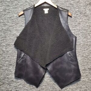 Cache Faux Leather Sherpa Lined Draped‎ Waterfall Open Front Vest Womens M Black